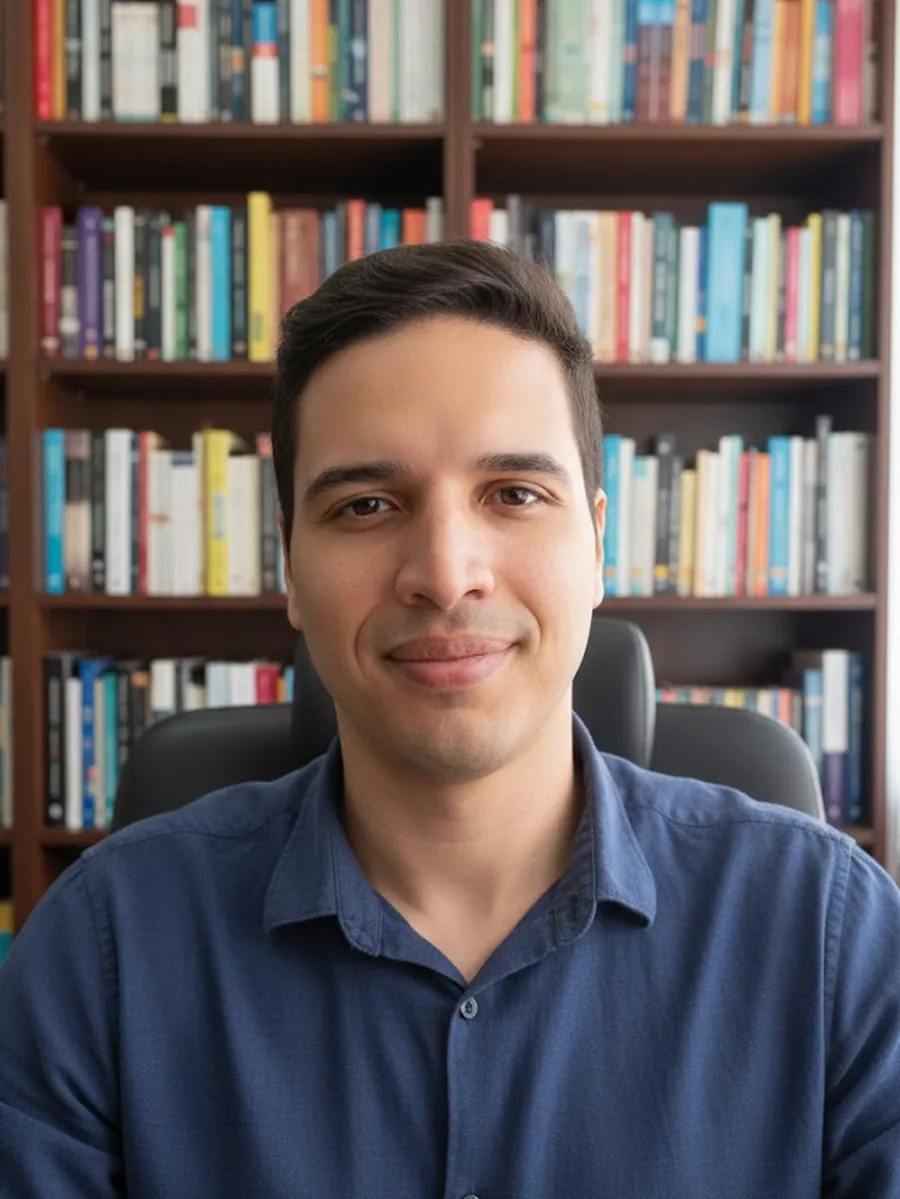 Retrato profissional em frente a uma estante de livros